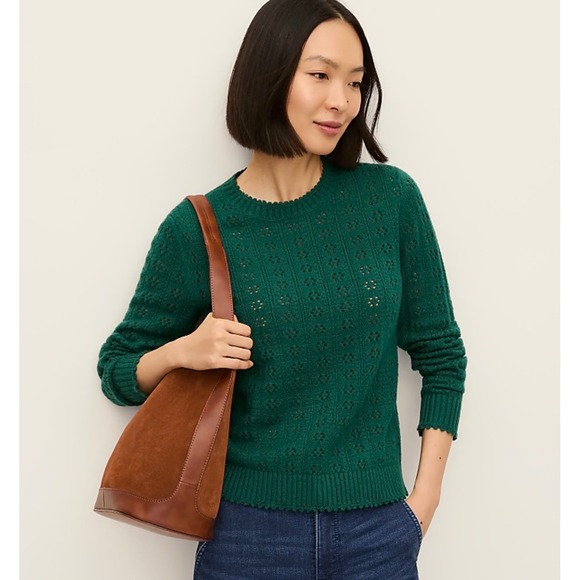Ann Taylor Sweaters - Ann Taylor Emerald Green Pointelle Scallop Trim Crew Neck Sweater 851952 Medium